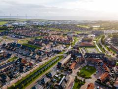 Top view of house Village from Drone capture in the air house is brown roof top Urk Netherlands Flevoland