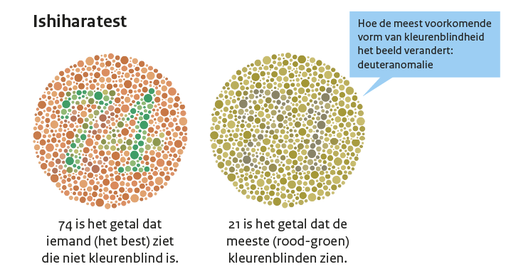 : Twee keer de cirkel met gekleurde bolletjes uit de Ishihara-test. De eerste is het origineel, bij de tweede zijn de kleuren aangepast zodat een kleurenziende kan zien wat een kleurenblinde ziet.  