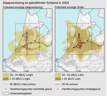Figuur:  kaart van Schipholgebied met handhavingspunten voor geluid (links etmaalgeluid, rechts nachtelijk geluid) en het gebied waarbinnen geluidhinder (links) respectievelijk slaapverstoring (rechts) optreden.