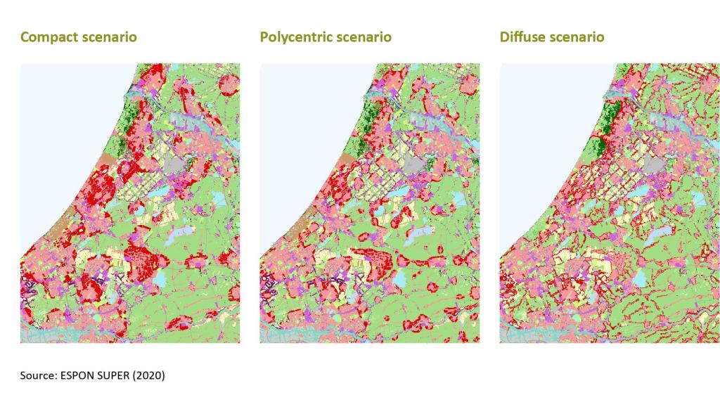 Three maps of South- and North-Holland with Compact, Polycentric (M) and Diffuse (R) scenarios.
