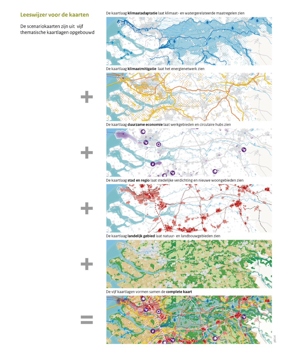 De scenario kaarten geven verschillende voorbeelden van functiecombinaties, zowel in stedelijk en landelijk gebied als op de Noordzee